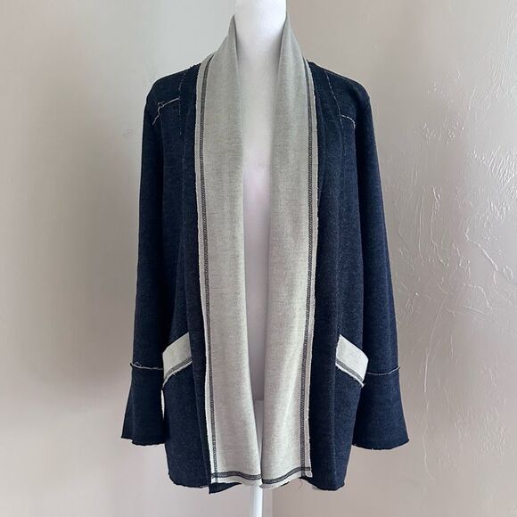 Supply & Demand Open Cardigan Sweatshirt Heathered Navy & Oatmeal Size L - Picture 1 of 9